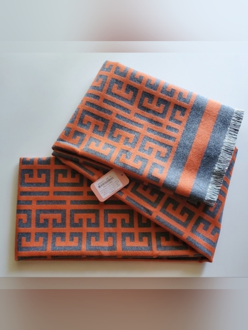 Orange Grey Geometric Maze Print Winter Scarf Reversible Shawl Wrap